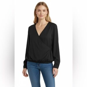 Active USA Black Wrap Front Blouse M Long Sleeve Draped Surplice Top